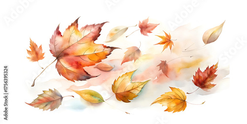 Dynamic watercolor illustration of bright orange and red maple leaves caught in a gust of wind, symbolizing the change of season, movement, and the beauty of fall.