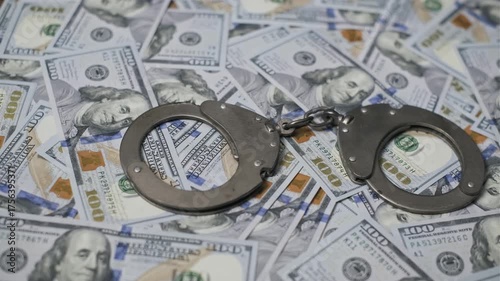 Close up shot of metal handcuffs resting over scattered US one hundred dollar bills with Benjamin Franklin portraits, camera pans slowly. Financial crime, bribery, corruption, illegal income themes.