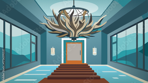 A foyer with a statement piece a large modern chandelier made from repurposed driftwood.