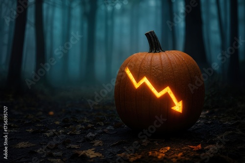 Glowing Jack-o-Lantern with Downward Arrow Stock Chart — Spooky Financial Halloween Pumpkin