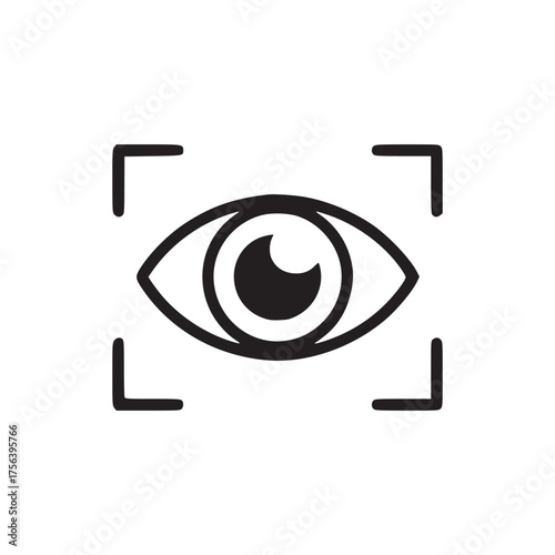 A simple black and white icon depicting an eye with a focus box around it on a plain white background