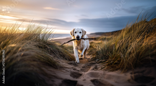 Fototapeta Naklejka Na Ścianę i Meble -  Un chien de race golden retriever blanc, heureux marchant sur une plage au coucher du soleil, tenant un bâton dans sa gueule, avec des dunes de sable et de l'herbe et la mer en arrière-plan.