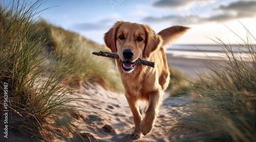 Fototapeta Naklejka Na Ścianę i Meble -  Chien de race golden retriever marron, en balade, marchant sur une plage la journée, tenant un bâton dans sa gueule, avec des dunes de sable et de l'herbe et la mer en arrière-plan.