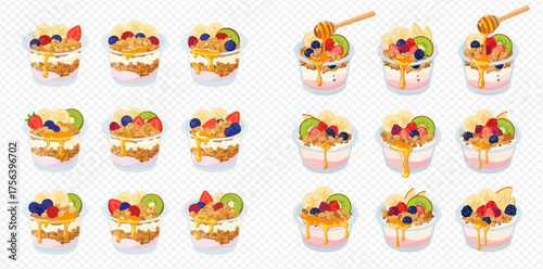 Assortment of fruit and yogurt parfaits with honey drizzle in clear cups.