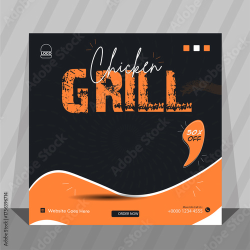 Social media food template design, special delicious grill template with mockup, vector file