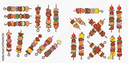 Illustration of various colorful shish kebabs with meat and vegetables on skewers.