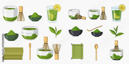 Collection of matcha tea preparation elements, including bowls, whisks, powder, and drinks.