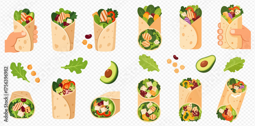 Illustration of various wraps with different fillings and toppings, on a transparent background.