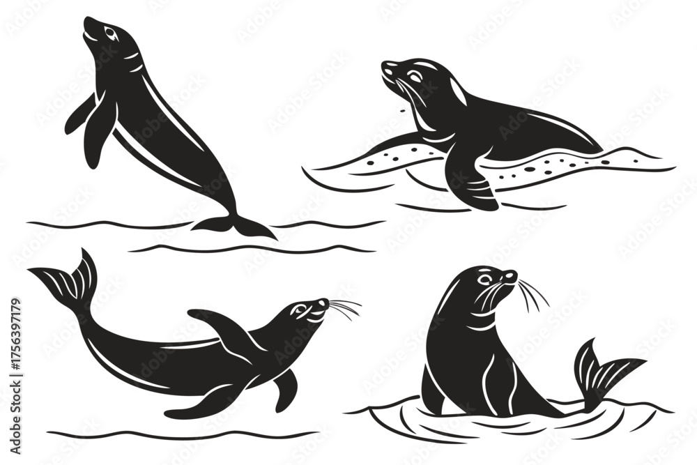 Fototapeta premium Playful sea lion swimming icon set minimalist design