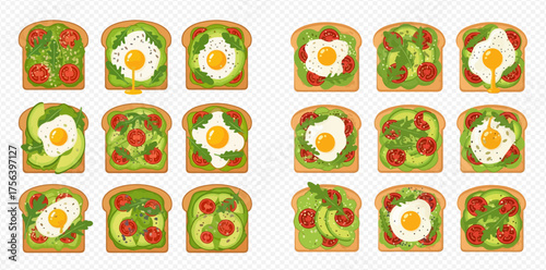 An array of avocado toasts with various toppings, including eggs and tomatoes.