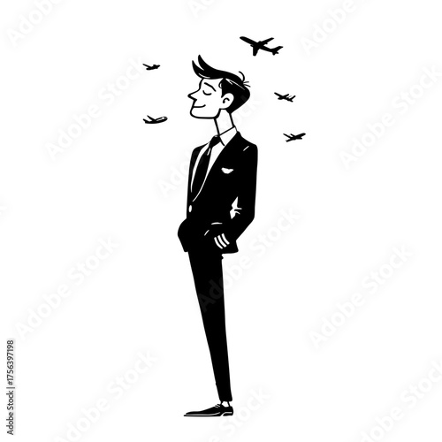 Flight Attendant. Flight Attendant simple black and white line art vector logo