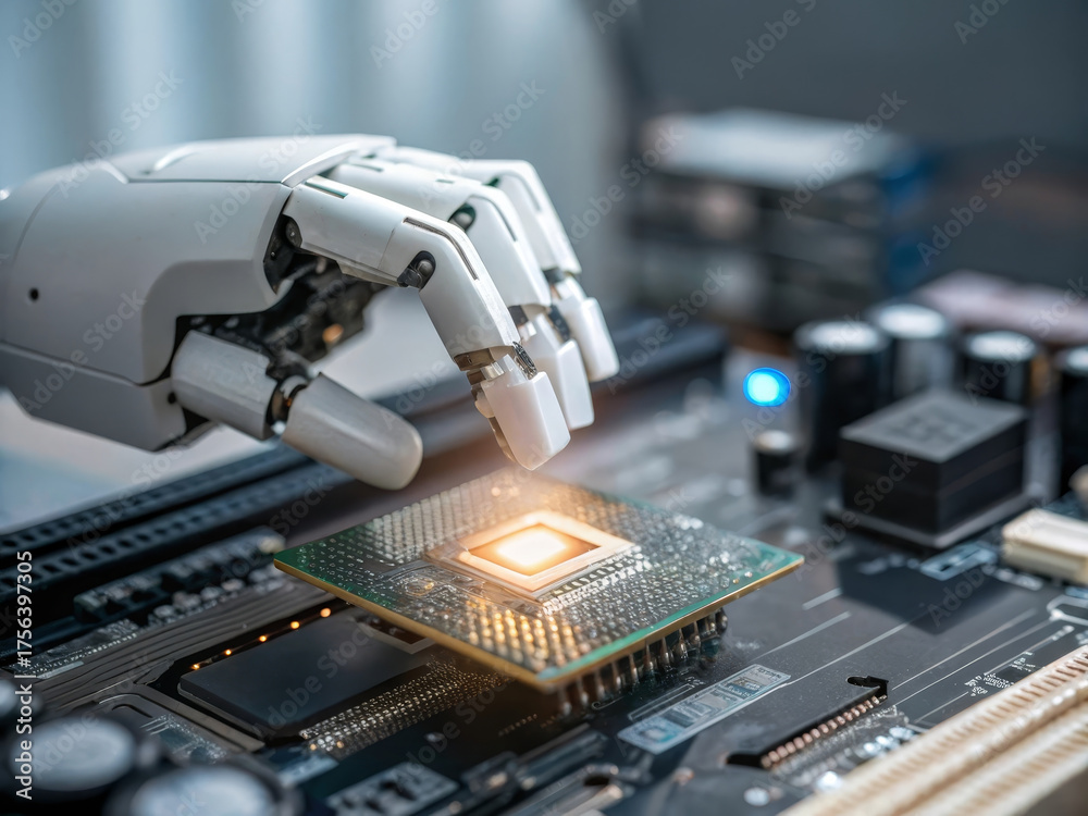 Fototapeta premium Robotic hand ai robot cybernetic prosthetic metallic white circuit board motherboard processor microchip glows with warm light as robotic hand gently places processor onto motherboard
