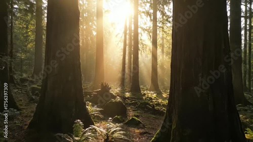 Slow drone descent into a misty forest, sunbeams glittering through ancient trees and morning dew planet, enchanting, discovery