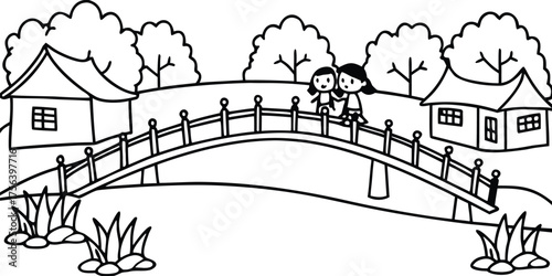 Children standing on a curved bridge between two houses with trees in the background isolated on transparent background
