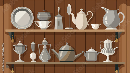 A collection of antique silverware displayed on a rustic wooden wall shelf.