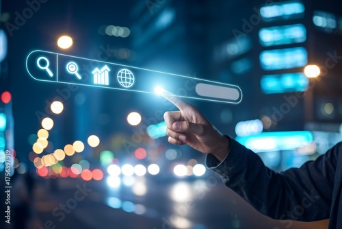 Businessman using AI-powered SEO search engine optimization tool on virtual interface, representing digital marketing strategy, website ranking, and online visibility.