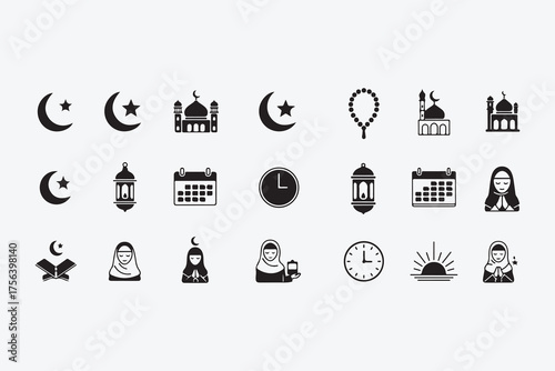 Set of islamic icons, includes crescent moon, mosque, prayer beads, calendar, clock, lantern, and muslim woman in simple style