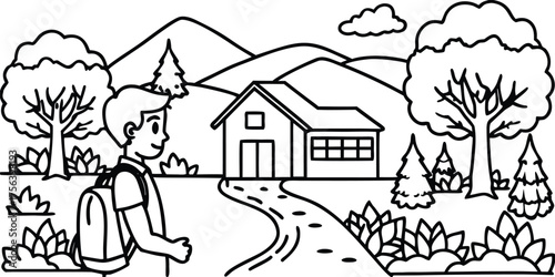 Young boy with backpack and hiking stick stands on a path leading to a small house in a scenic landscape with trees and mountains isolated on transparent background