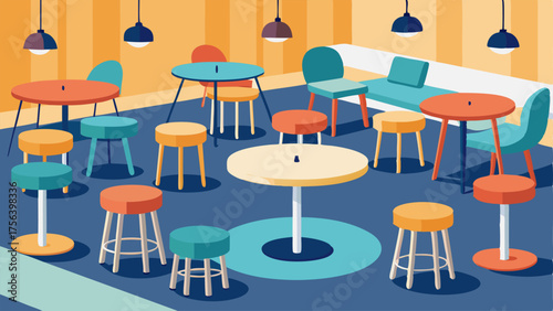 A communal seating area with a mix of hightop tables and barstools perfect for socializing or studying with friends.