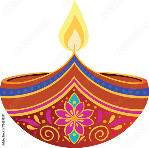 Diwali Diya Divine Illumination: An artful depiction of an oil lamp, its flickering flame casting a warm glow, set against an intricate pattern symbolizing cultural richness. 