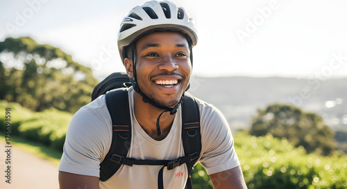 Joyful African American cyclist enjoying outdoor adventure with a helmet, sporting a bright smile and healthy active lifestyle
