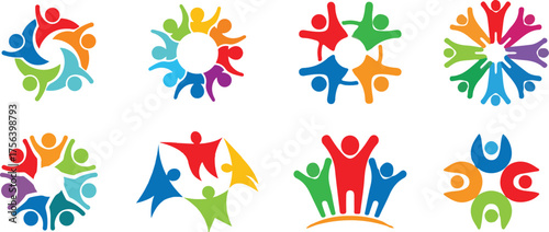 Teamwork and Unity Icons Set – Colorful People Circle Logos, Community, Partnership, Diversity, and Collaboration Vector Symbols for Business, Charity, and Social Design