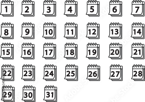 Calendar Date Icons Set – Flat Vector Illustration of Month Day Numbers from 1 to 31, Minimal Outline Design for Schedule, Planner, or Event Reminder