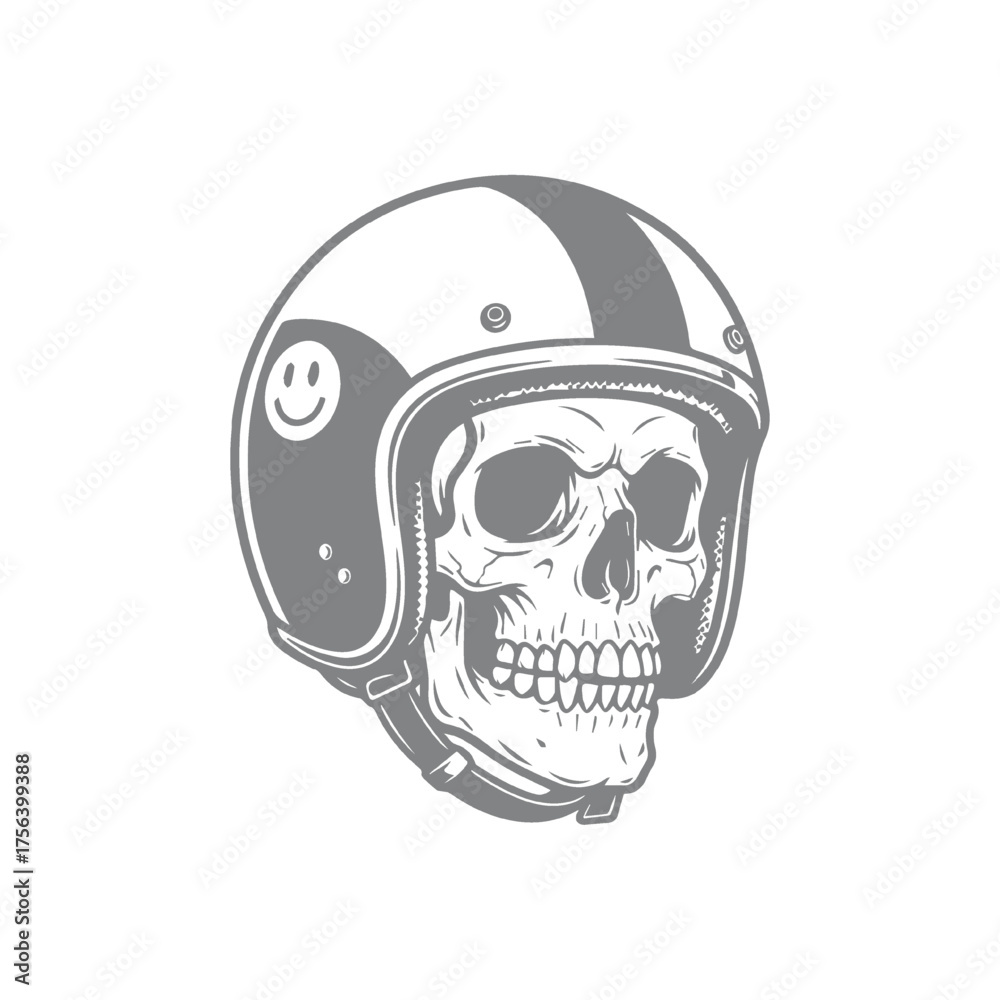 Obraz premium Skull in Motorcycle Helmet with Smiley Sticker Design Illustration