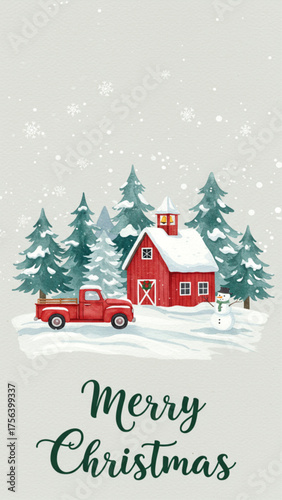 Rustic Watercolor Merry Christmas Greeting Card Design featuring a Red Barn and Vintage Truck in a Snowy Pine Forest, perfect for social media stories