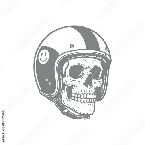 Skull in Motorcycle Helmet with Smiley Sticker Design Illustration
