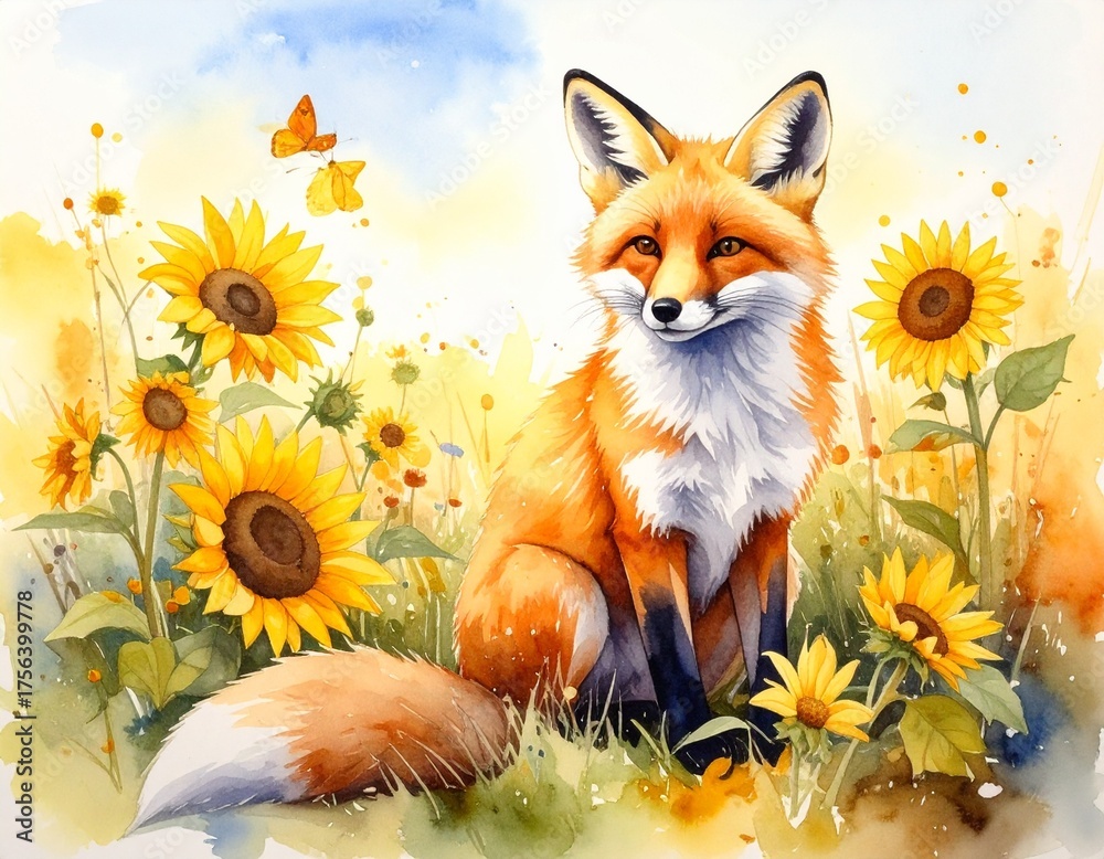 Fototapeta premium Fuchs zwischen Sonnenblumen