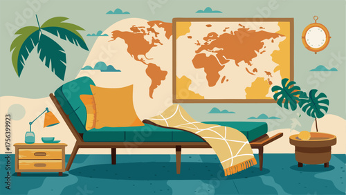 A cozy den with a rattan chaise lounge tropical print throw pillows and a wall filled with vintage maps of various islands.