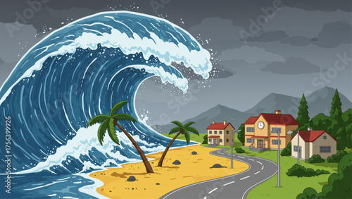 Dramatic cartoon vector of a giant tsunami wave overwhelming a tropical beachside town, suitable for emergency preparedness materials, educational inf