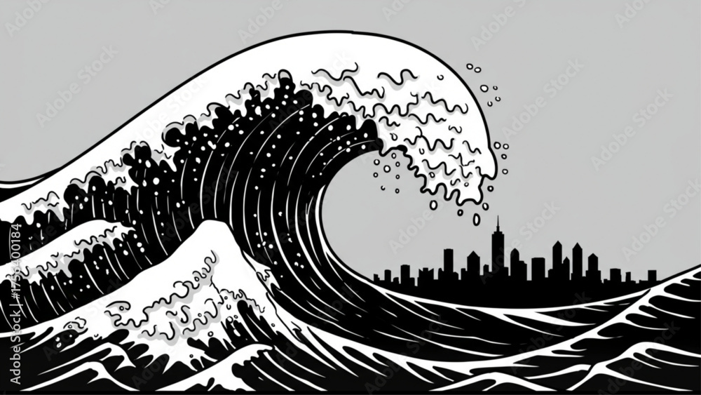 Naklejka premium Dramatic black and white vector illustration of a massive, stylized ocean wave towering over a distant modern city skyline; ideal for climate change r