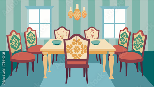 A dining room with a mix of vintage dining chairs each with a unique patterned fabric surrounding a wooden farmhousestyle table.
