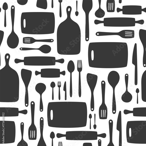 Modern seamless pattern with black kitchen tools silhouettes. Flat vector background ideal for food packaging, cooking themes, and kitchen decor.