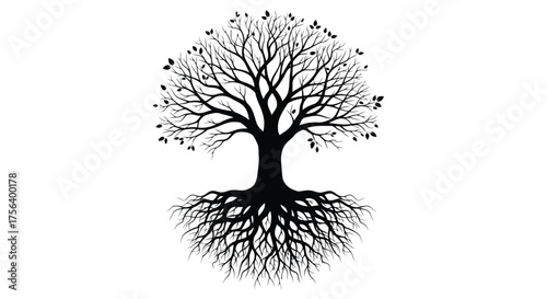 Vector illustration of silhouette of a tree with extensive root system, symbolizing growth, life, and connection