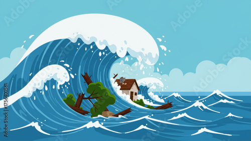 Massive Tsunami Wave Swallowing a Coastal House and Destroyed Trees; flat vector illustration for emergency preparedness brochures, news articles, and