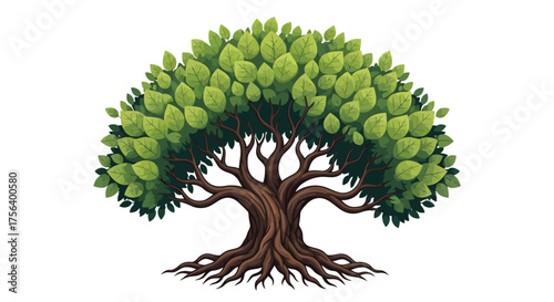 Vector illustration of a large, lush green tree with a thick trunk and spreading branches, isolated on a