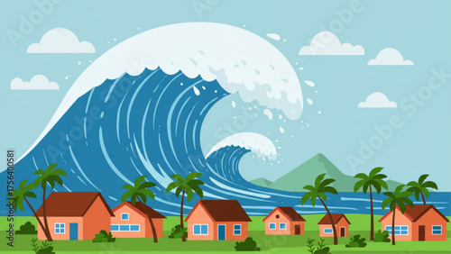 Huge destructive tsunami wave rolling toward tropical houses and palm trees in a flat vector style, ideal for disaster awareness campaigns, educationa