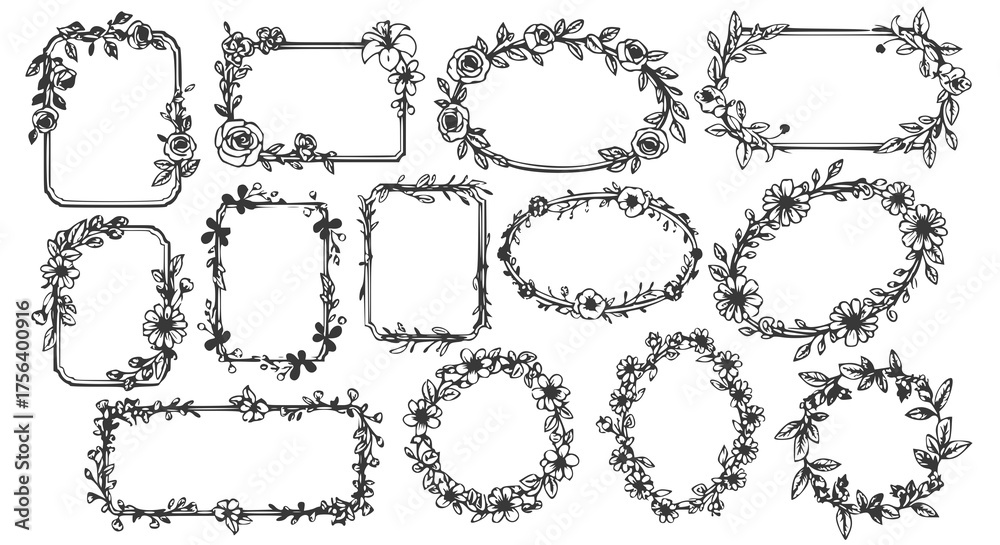 Fototapeta premium Simple vector border black and white with flowers element