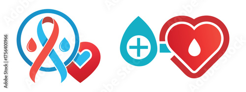 Medical health symbols with red and blue ribbons blood drop and heart icons representing awareness and donation isolated on transparent background 