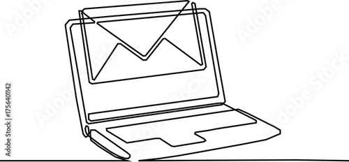 Open laptop displaying an envelope icon on screen, simple line art illustration Vecor. One line draw art.