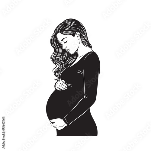Black and white illustration of a pregnant woman with long wavy hair holding her belly pregnancy