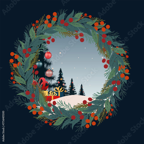 A New Year's winter landscape surrounded by a decorative wreath of green fir branches, twigs and berries. Inside the wreath is a snow-covered forest with dark Christmas trees decorated with Christmas 