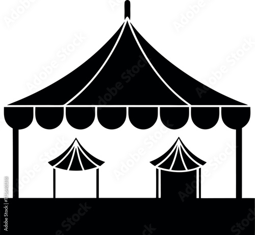 Striped red and blue circus tent vector illustration with flags and big top marquee at a summer fun carnival event
