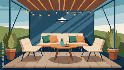 A covered patio with a mix of modern and rustic decor including a wooden table with metal hairpin legs and a sleek outdoor sofa with plush cushions.