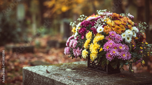 Close-up of a flower arrangement with chrysanthemums flowers on a tombstone at the cemetery. All saints day graveyard. Background, wallpaper for all saints’ day, all souls’ day.