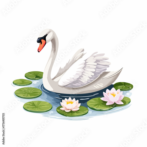 Schwan auf Teich mit Seerosen