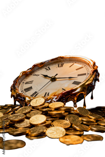 Melting clock rests on a pile of coins, symbolizing the passage of time and wealth in a surreal scene